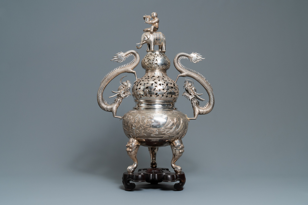 An exceptional large Chinese inscribed silver tripod censer on stand, 19th C.