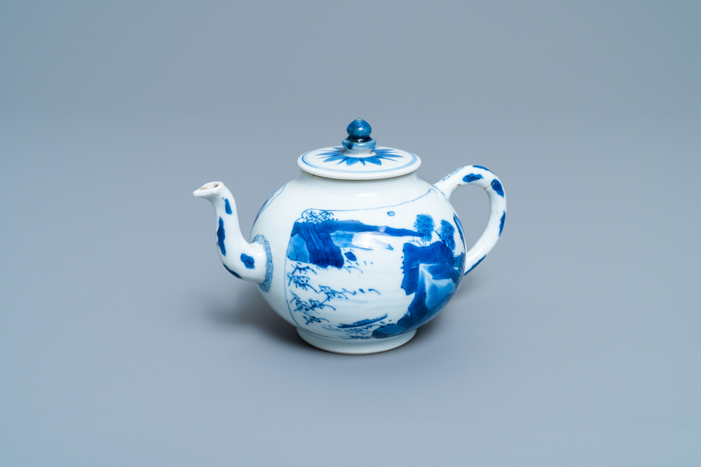 A Chinese blue and white 'landscape' teapot and cover, Kangxi