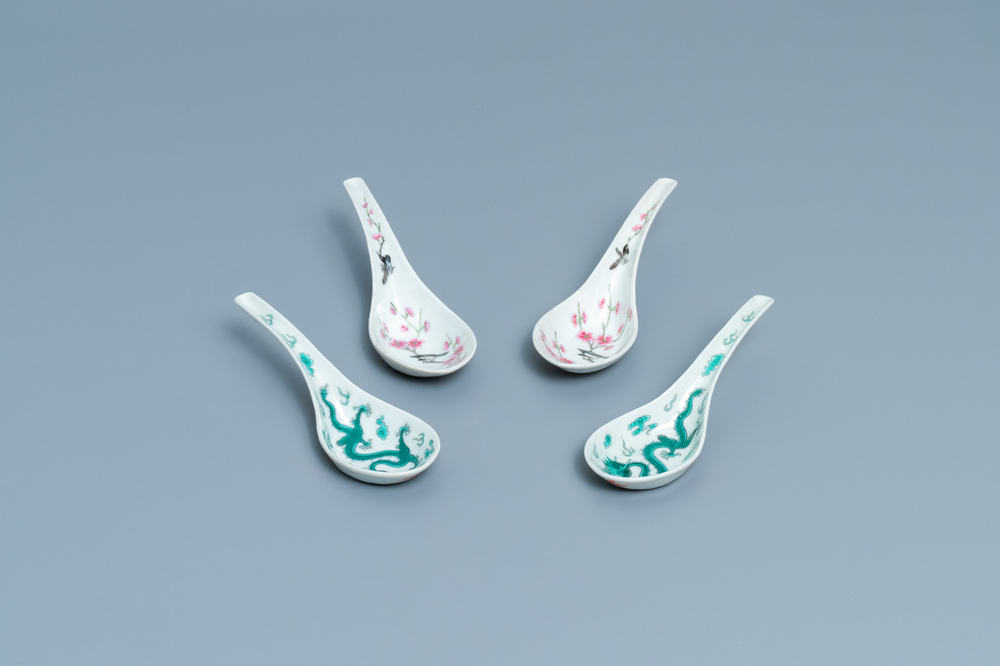 Two pairs of Chinese 'prunus and magpie' and 'dragon' spoons, one Daoguang mark and of the period