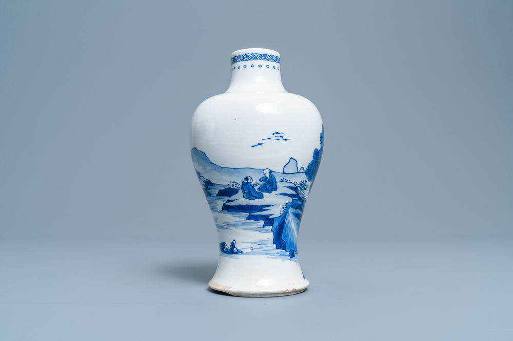 A Chinese blue and white meiping vase with figures in a landscape, Kangxi