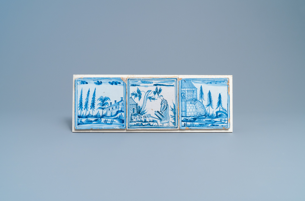 Three large blue and white tiles, Kellinghusen, Germany, 1st quarter 19th C.