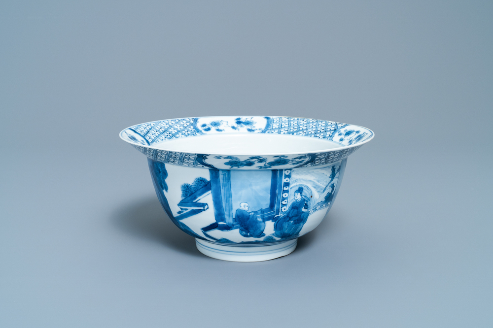 A Chinese blue and white 'Romance of the Western Chamber' klapmuts bowl, Chenghua mark, Kangxi