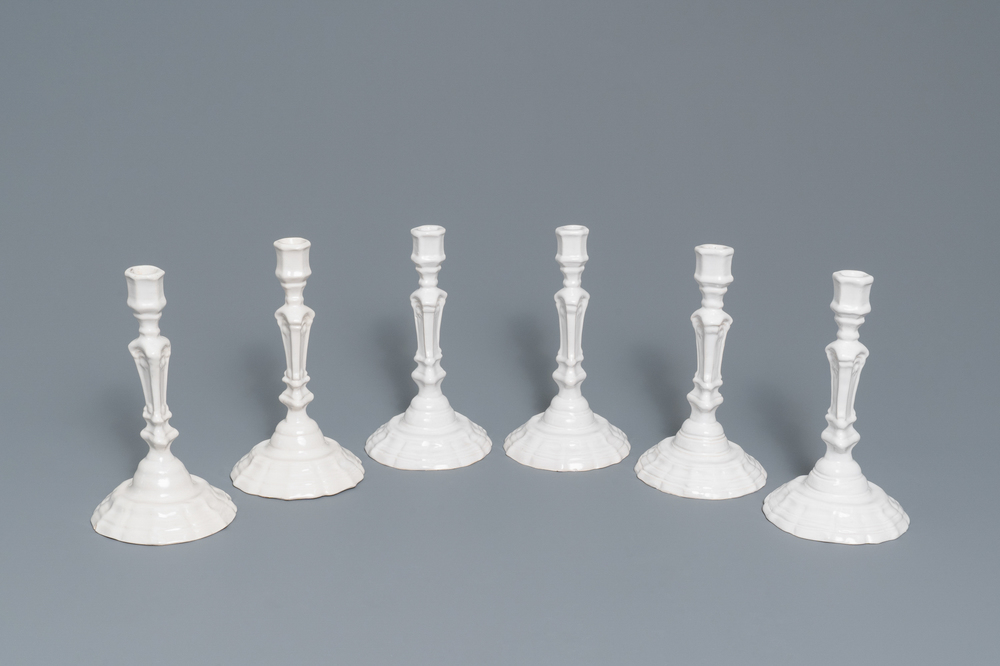 A set of six white Delftware candlesticks, France, 18th C.