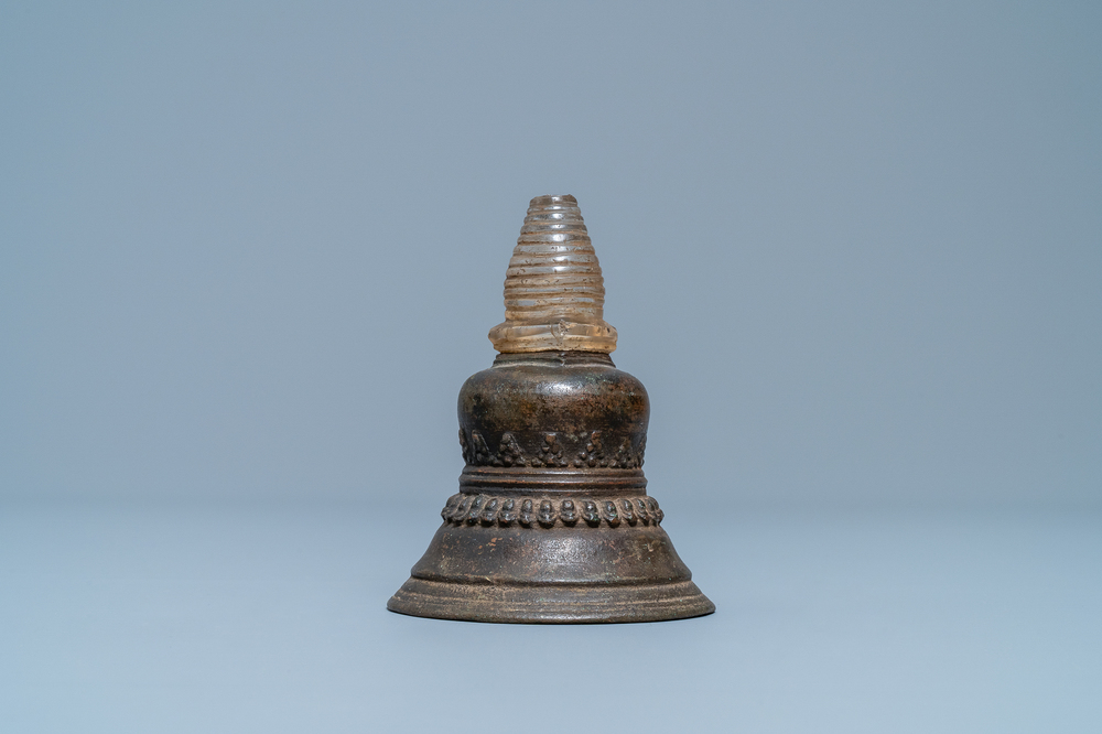 A bronze stupa with rock crystal yasti, Tibet, 18th C.