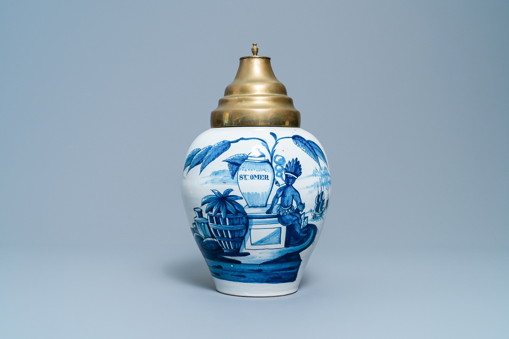 A Dutch Delft blue and white tobacco jar with an American indian, 18th C.