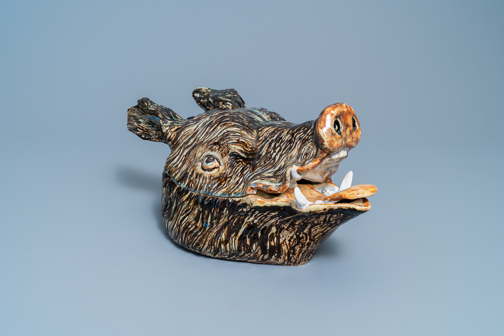 A large polychrome Brussels faience boar's head tureen, 18th C.