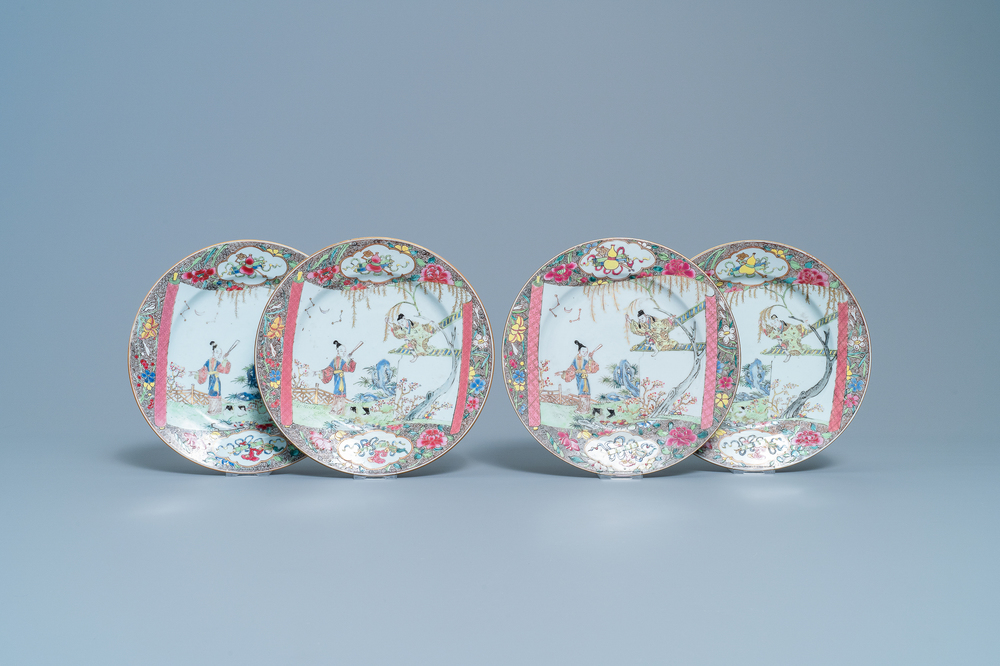 Two pairs of Chinese famille rose 'Romance of the Western Chamber' plates, Qianlong