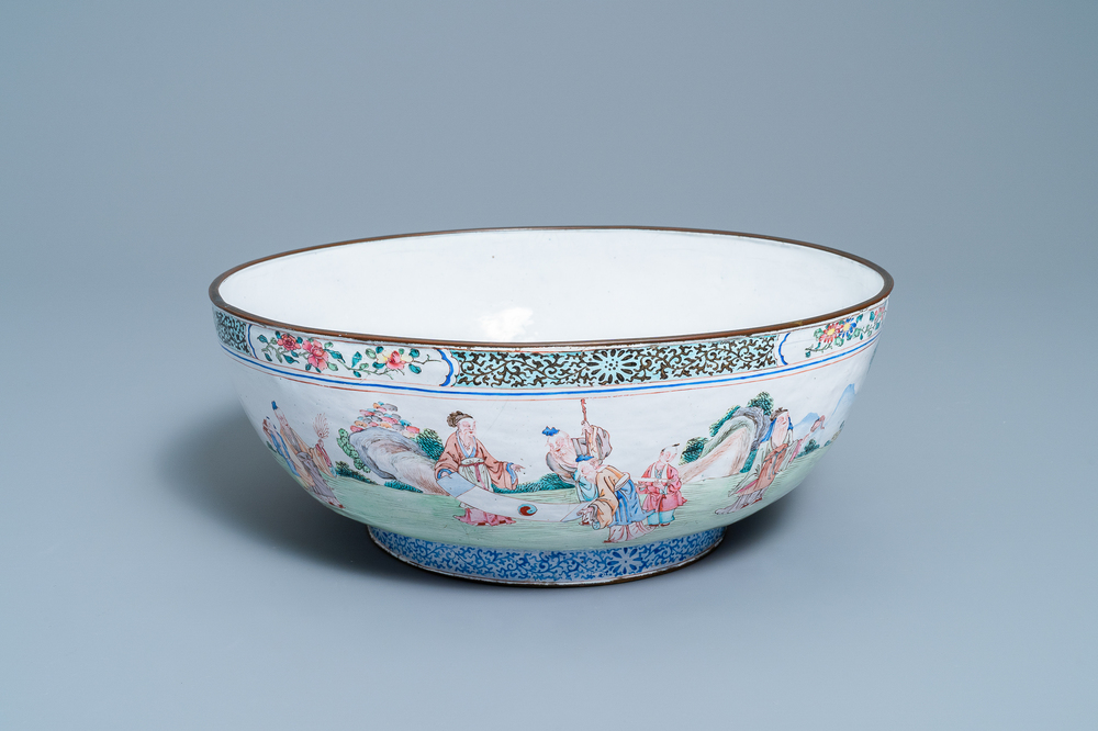 A large Chinese Canton enamel 'scholars' bowl, Yongzheng/Qianlong