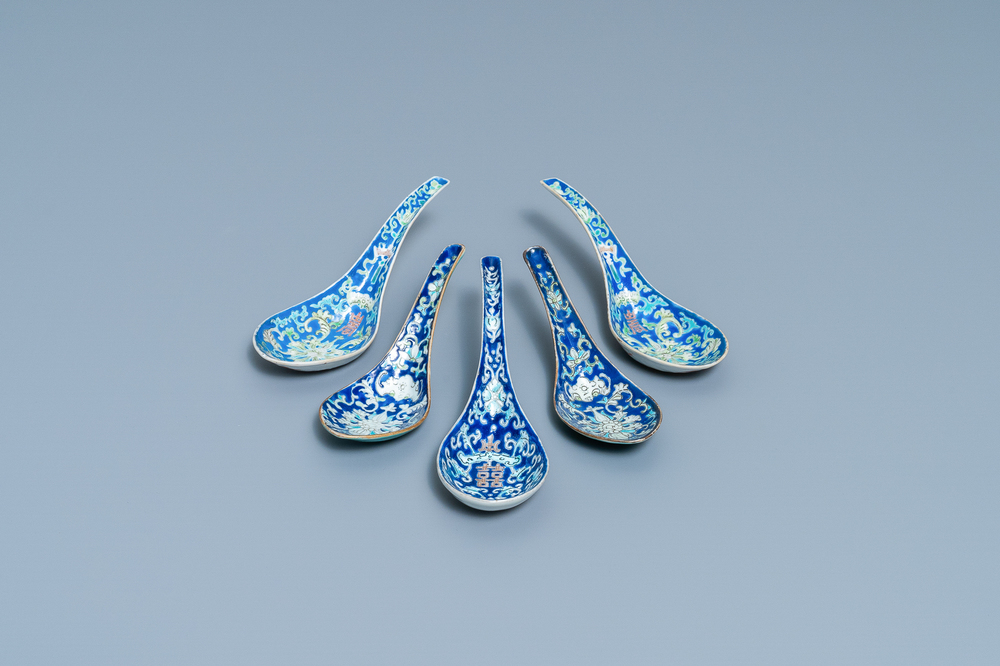 Five Chinese blue-ground spoons, incl. a pair Tongzhi mark and of the period