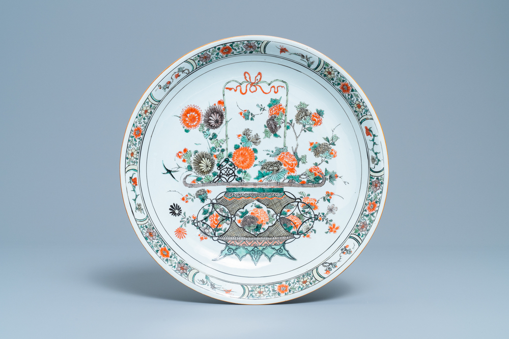 A fine Chinese famille verte 'flower basket' dish, Kangxi
