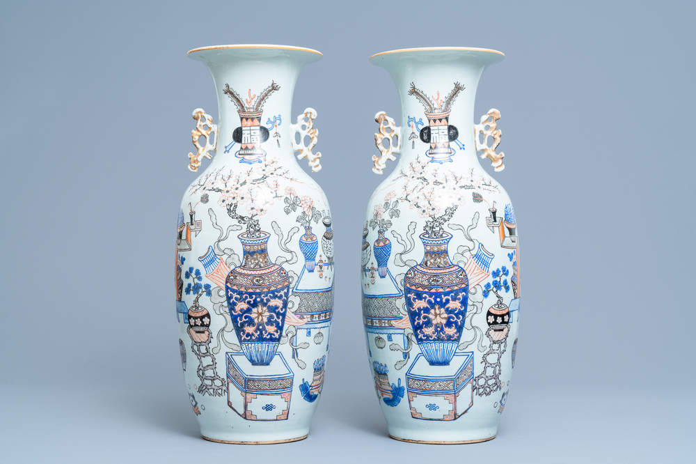 A pair of Chinese doucai 'antiquities' vases, 19/20th C.