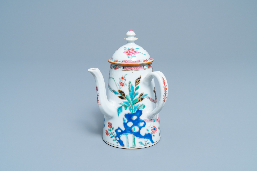 A Chinese famille rose 'Romance of the Western chamber' chocolate jug and cover, Yongzheng