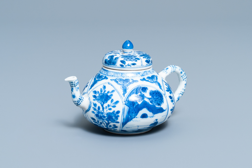 A Chinese blue and white soft paste teapot and cover, Kangxi