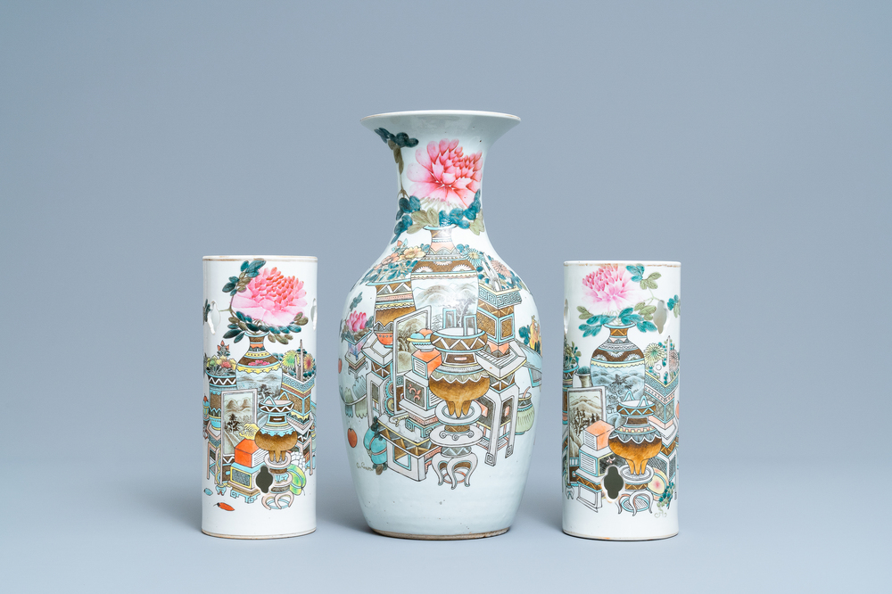Two Chinese qianjiang cai hat stands and a vase with antiquities, 19/20th C.