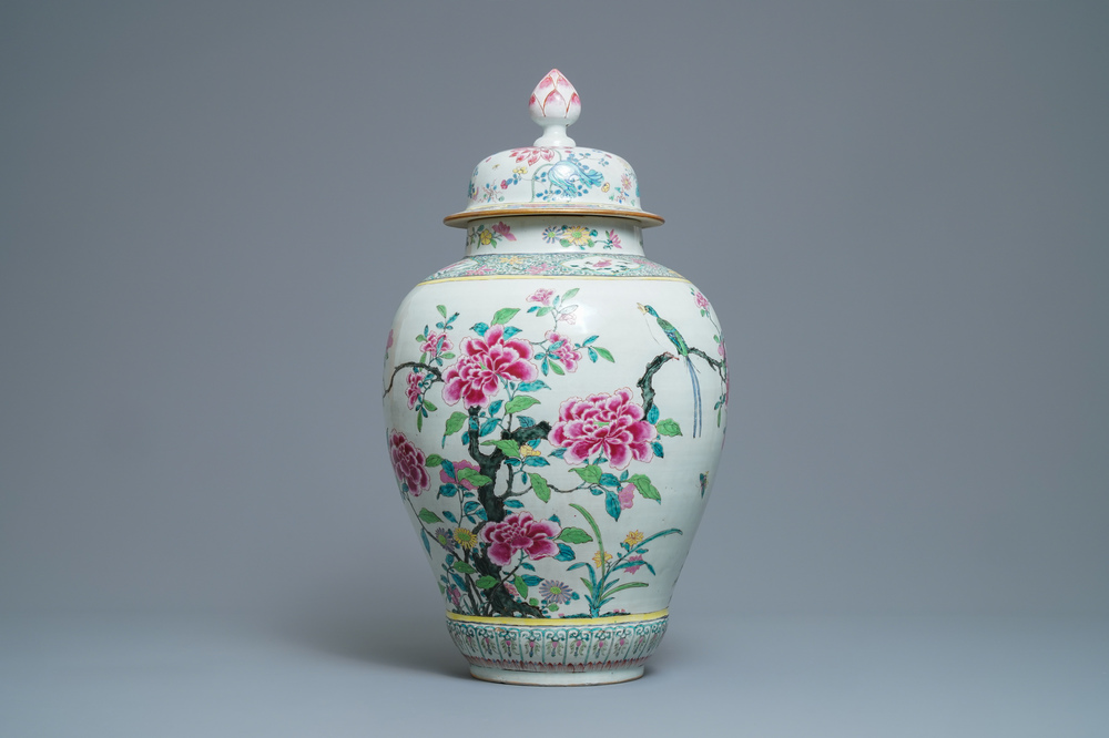 A large Chinese famille rose vase and cover with a bird on blossoming branches, Yongzheng