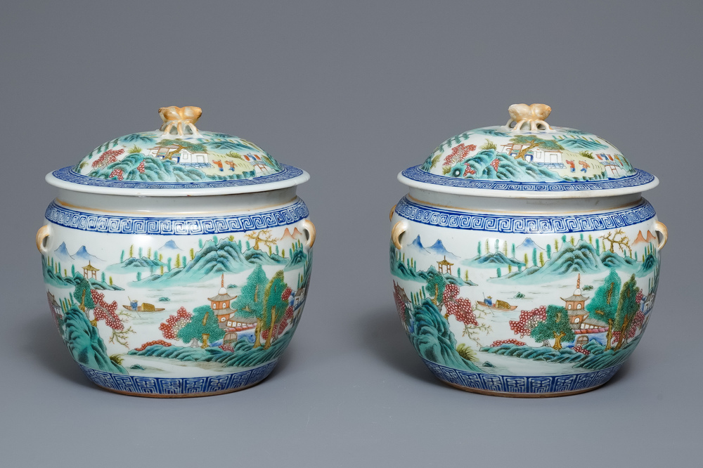 A pair of Chinese famille rose bowls and covers with landscapes, Qianlong mark, Republic