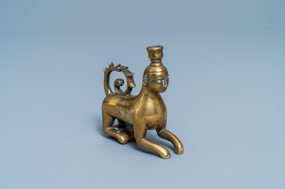 A bronze luster ornament in the shape of a lion with a man's head, Nuremberg, Germany, 14th C.