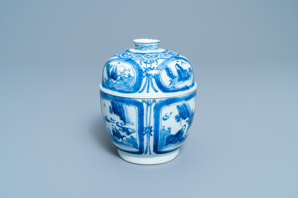 A Chinese blue and white bowl and cover with figurative medallions, Wanli