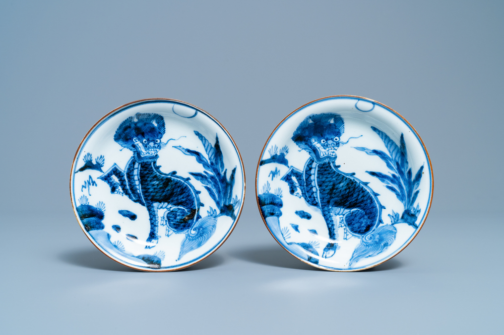 A pair of Japanese blue and white Arita 'qilin' plates, Edo, 17/18th C.