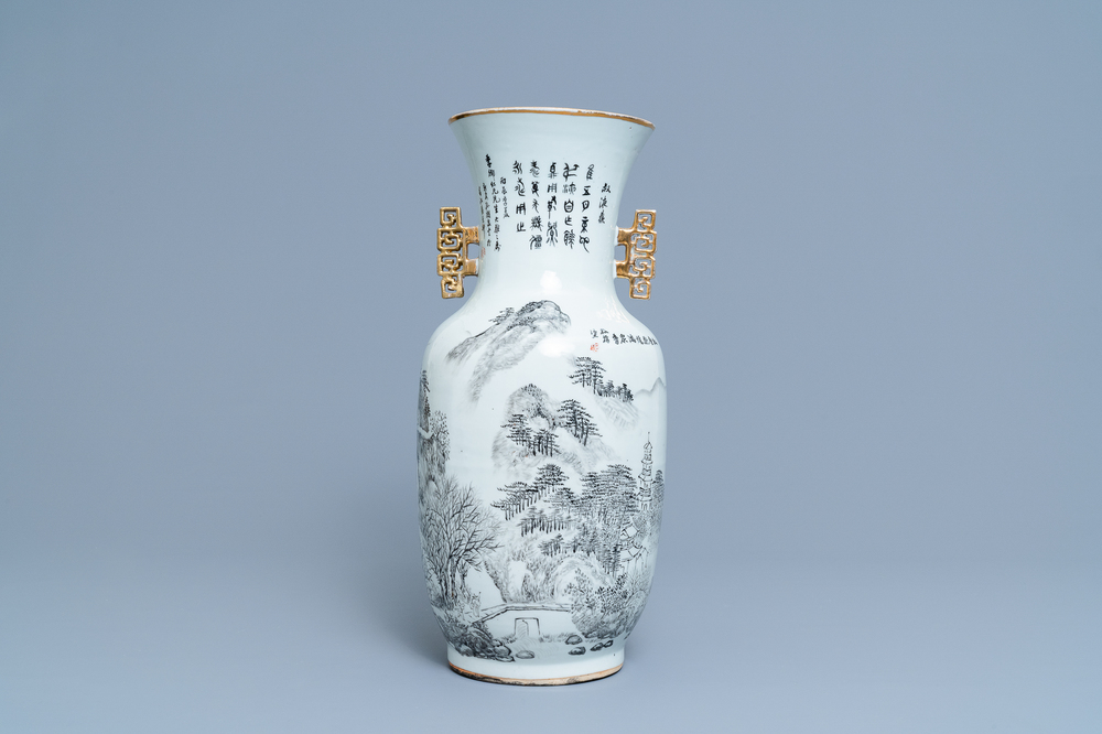 A Chinese qianjiang cai vase with a fine landscape, 19/20th C.