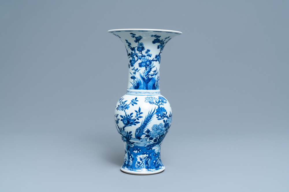 A Chinese blue and white yenyen vase with a bird among foliage, Kangxi