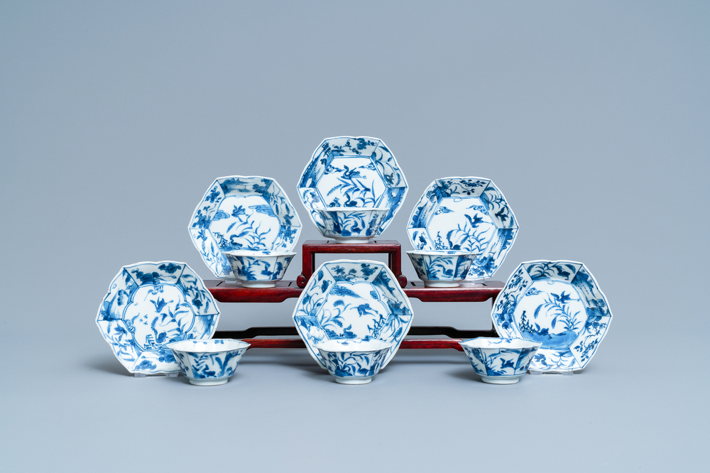 Six Chinese blue and white hexagonal cups and saucers, Kangxi