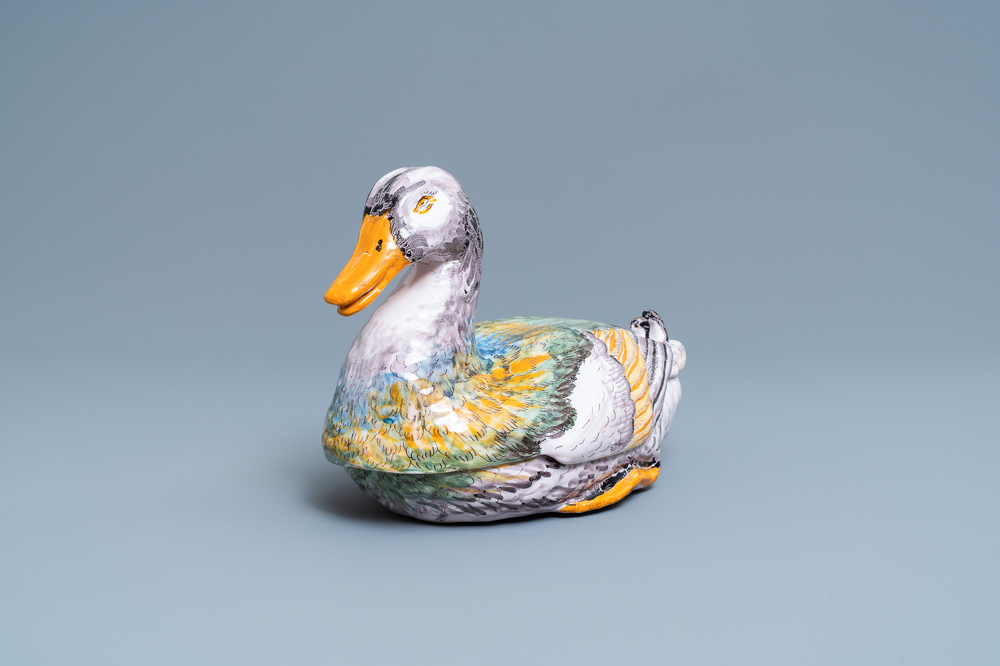 A fine polychrome French faience 'duck' tureen and cover, France, 18th C.