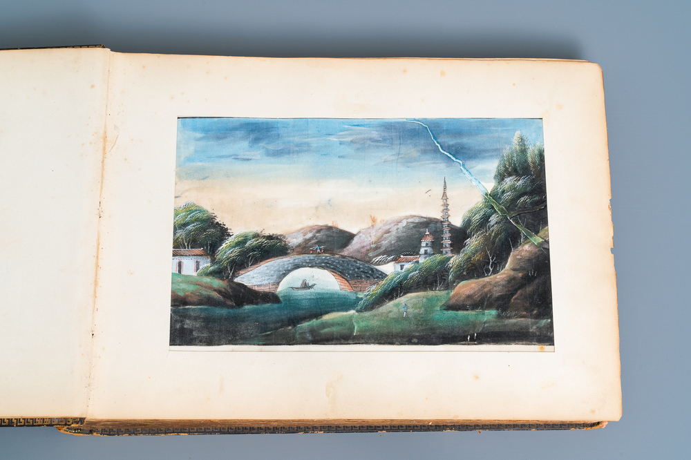 Ecole chinoise de Canton, encre et couleurs sur papier, 19&egrave;me: album de 29 paysages et sc&egrave;nes de punitions