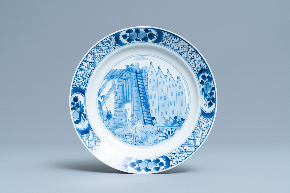 A Chinese blue and white 'Rotterdam riot' plate, Chenghua mark, Kangxi