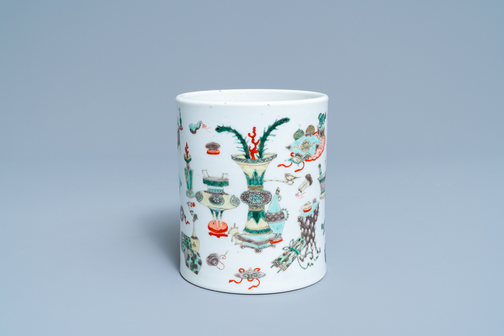 A Chinese famille verte 'antiquities' brush pot, Kangxi