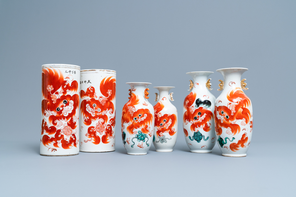 Six Chinese vases with iron red 'Buddhist lion' design, 19/20th C.
