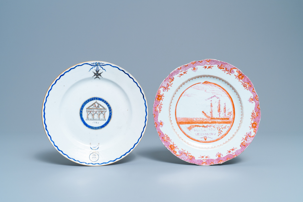 A Chinese export 'Nordic Society' plate dated 1785 and one inscribed 'Dus Leydons Vriendschap', Qianlong