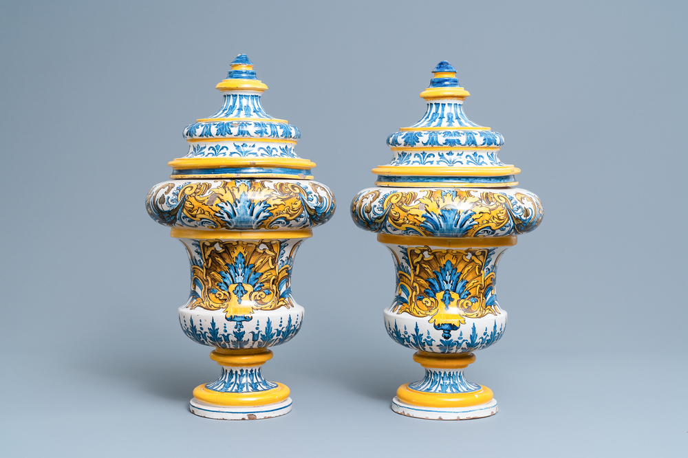 An important pair of large inscribed Italian maiolica drug jars and covers, Naples, dated 1724