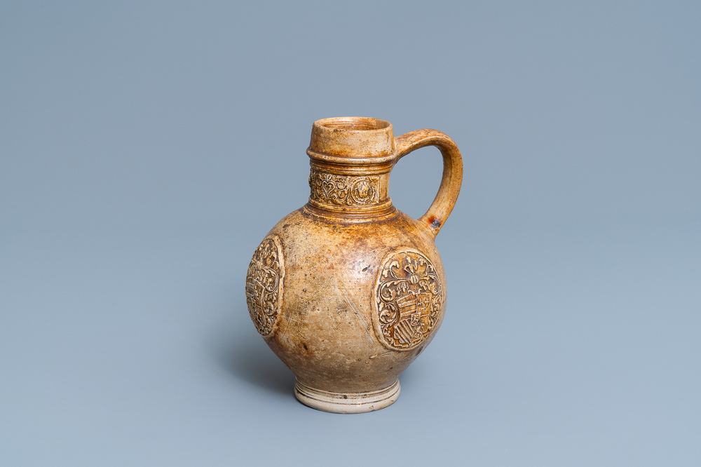 A stoneware jug with three armorial medallions, Raeren, ca. 1600