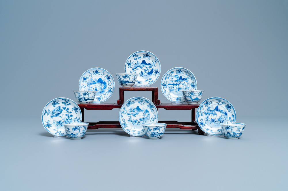 Six Chinese blue and white cups and saucers with horseriders, Kangxi