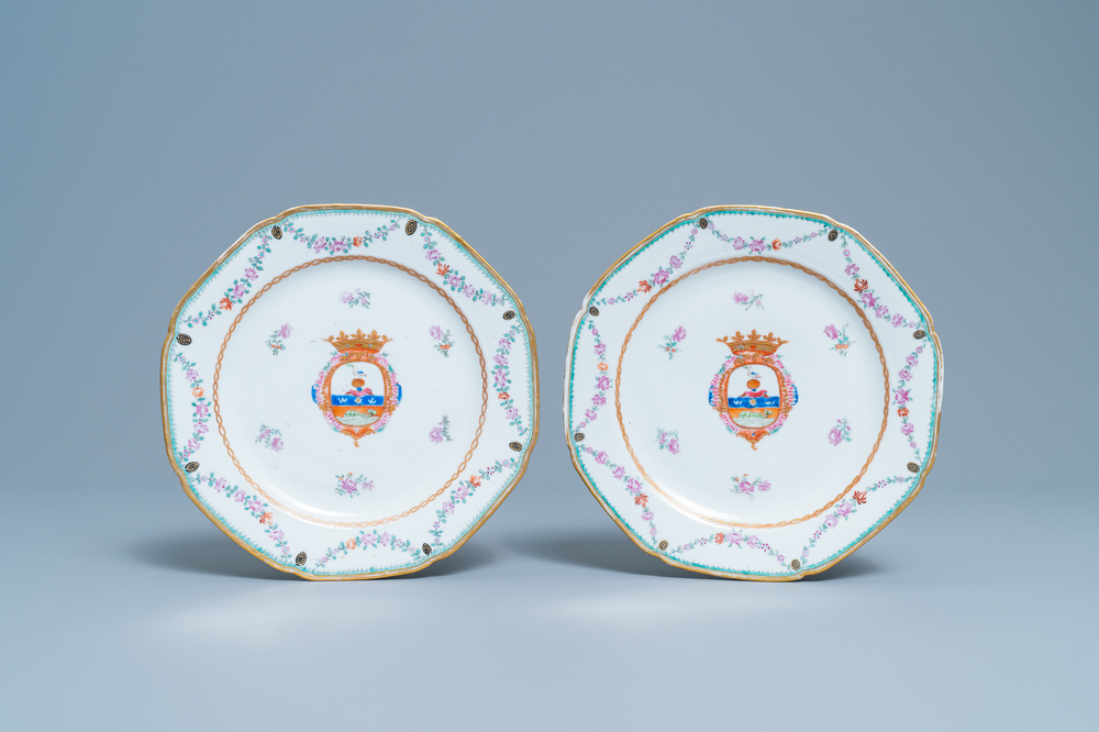 A pair of Chinese famille rose Dutch market armorial plates with the arms of Udemans, Qianlong