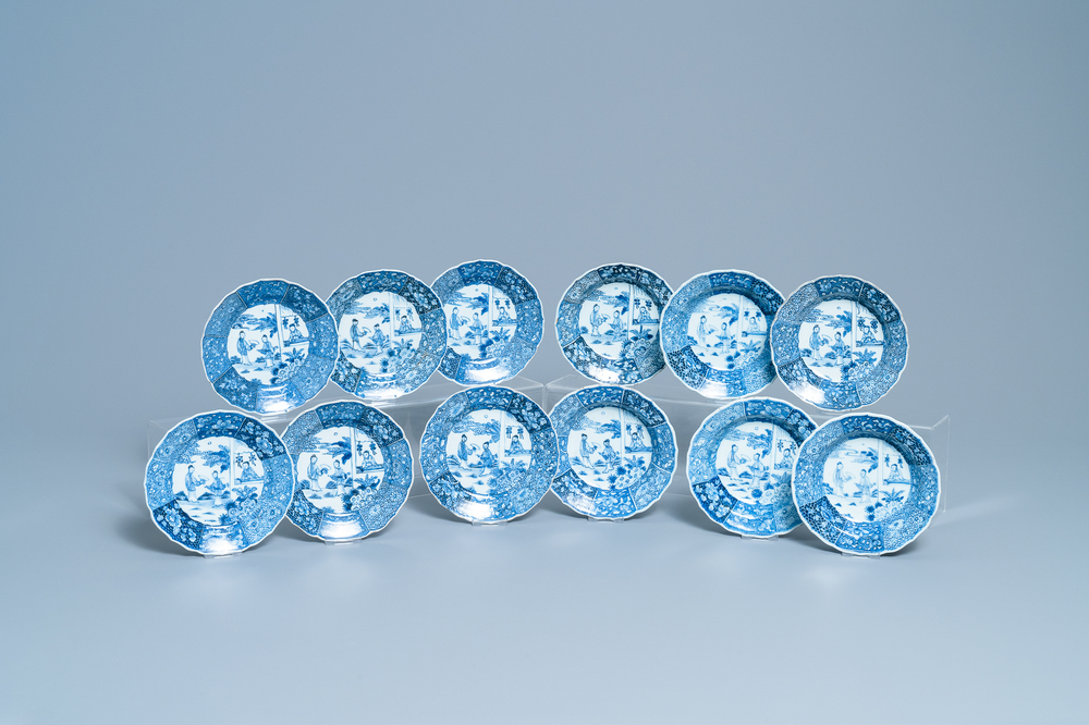 Twelve Chinese blue and white 'Romance of the Western Chamber' plates, Qianlong