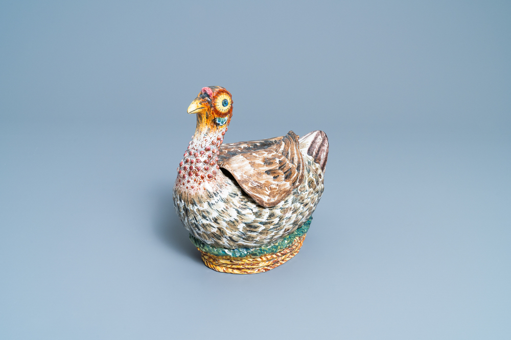 A polychrome French faience 'duck' tureen and cover, France, 18th C.