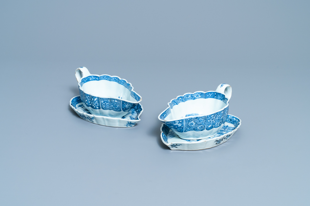 A pair of Chinese blue and white 'Romance of the Western Chamber' sauce boats on stand, Qianlong