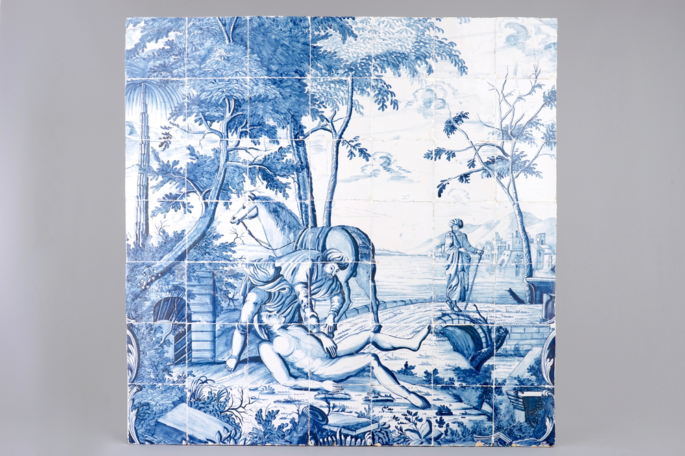 A blue and white Dutch Delft 'The Good Samaritan' tile mural, Makkum, Friesland, 18th C.