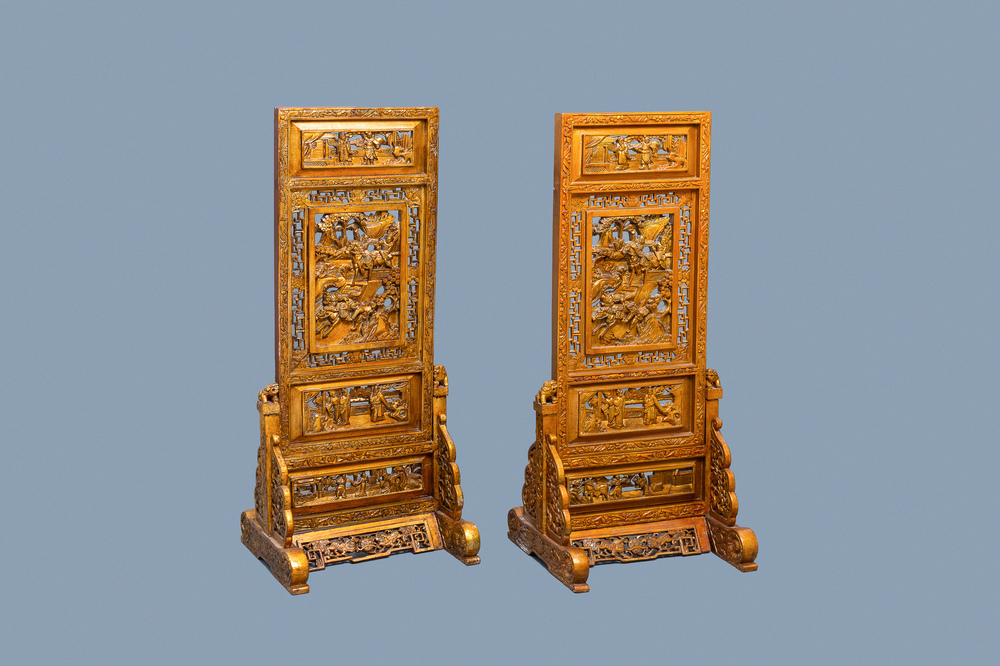 A pair of Chinese gilt carved wood screens for the Straits or Peranakan market, 19th C.