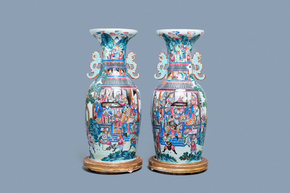 A pair of large Chinese famille rose 'Wu Shuang Pu' vases, 19th C.