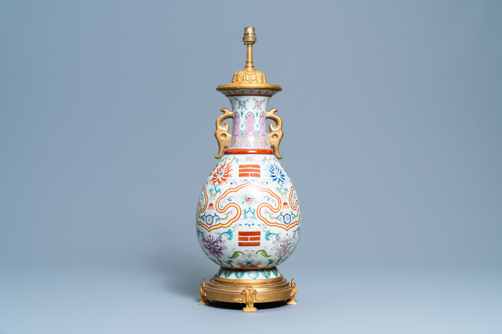 A Chinese gilt bronze lamp-mounted famille rose 'trigrams' vase, Yongzheng mark, Republic