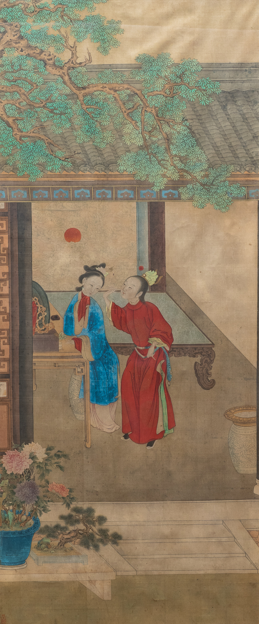 Chinese school, ink and colour on silk, 18th C.: 'The making up of lady'