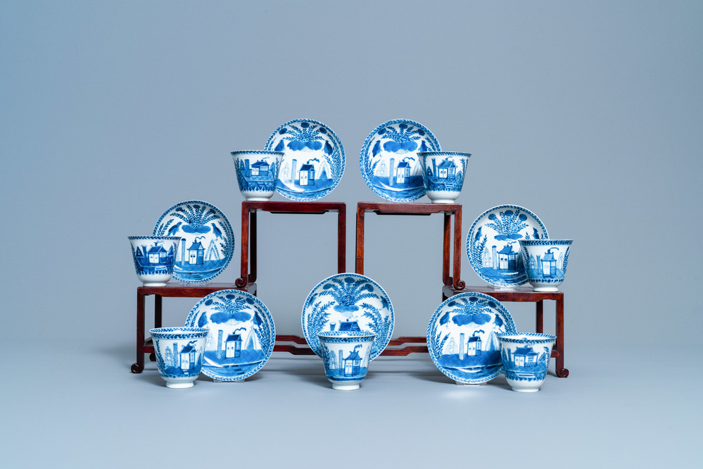 Seven Chinese blue and white cups and saucers, Kangxi