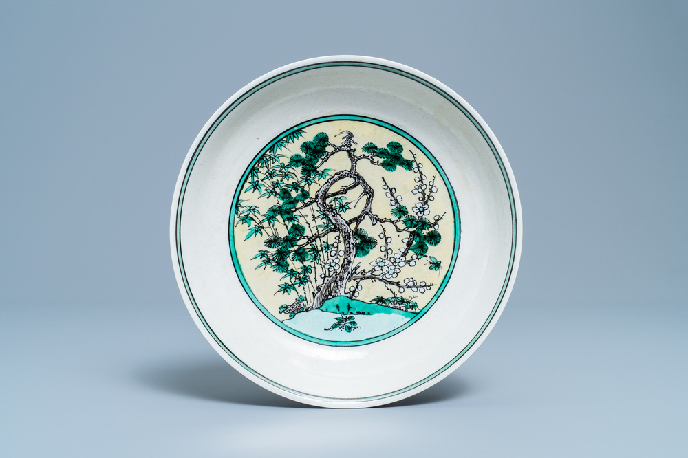 A Chinese verte biscuit 'Three friends of winter' dish, Jiajing mark, 18/19th C.