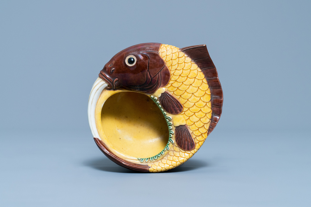 A Chinese carp-shaped sancai-glazed brush washer, Qianlong mark, 19th C.