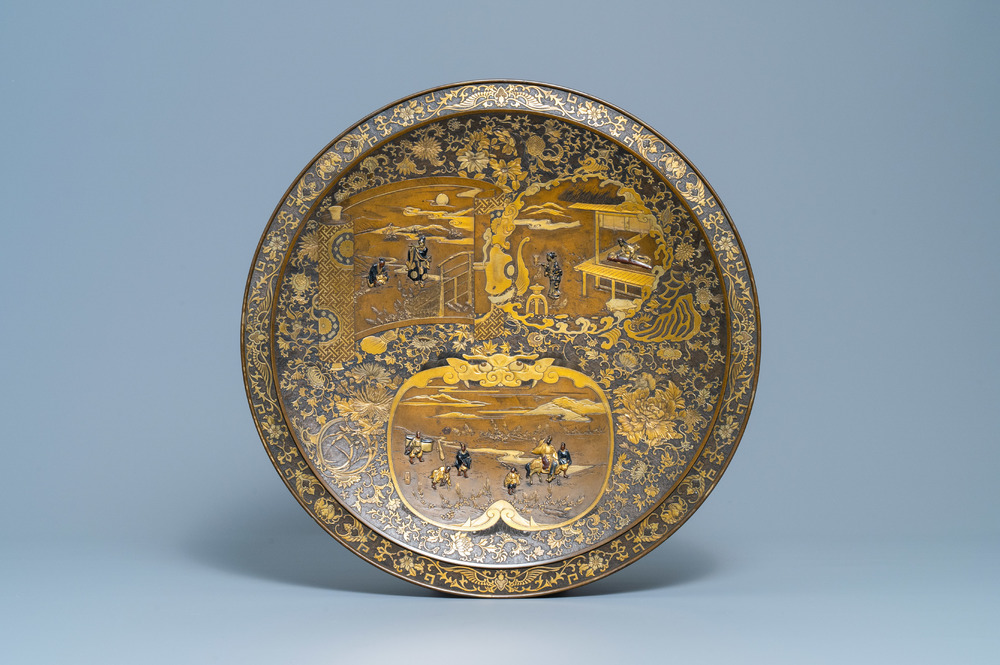 A large Japanese bronze dish, signed Miyao, Meiji, 19th C.