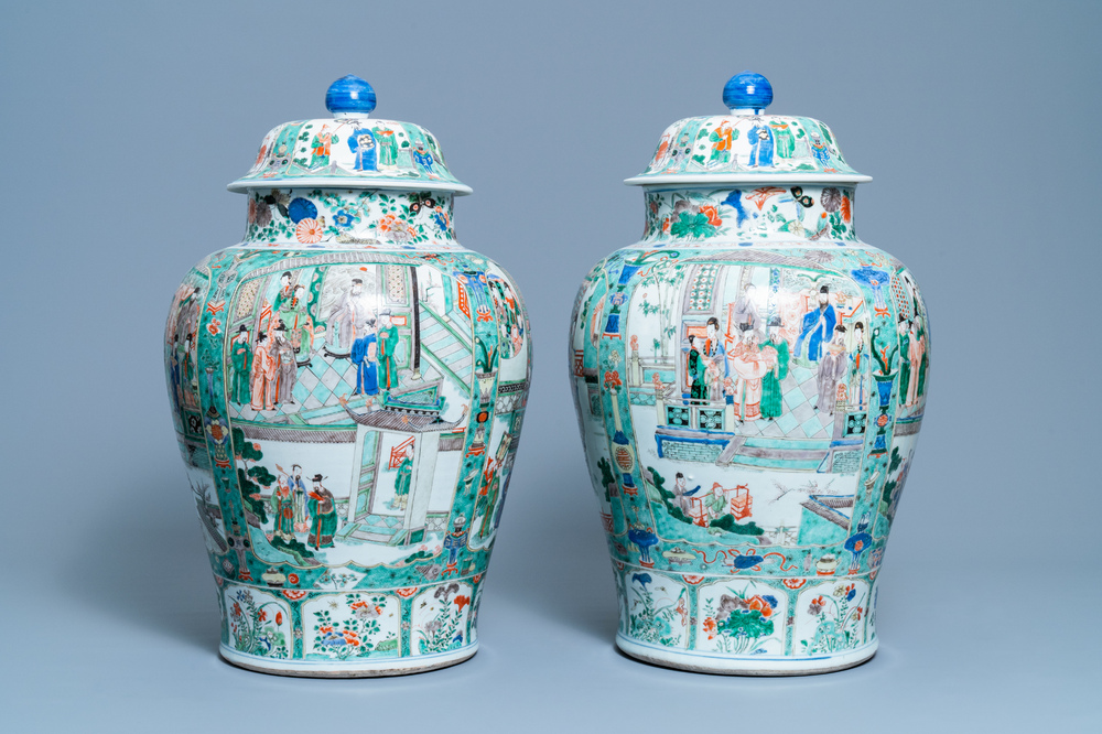 A pair of large Chinese famille verte vases and covers, Kangxi