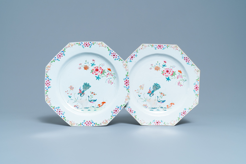 A pair of Chinese octagonal famille rose 'peacock' chargers, Qianlong